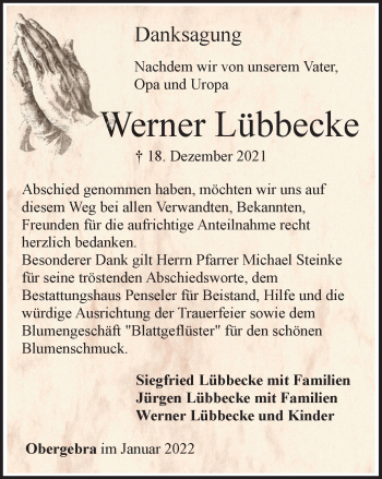 Traueranzeige von Werner Lübbecke von Thüringer Allgemeine