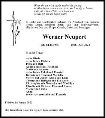 Traueranzeige von Werner Neupert von Ostthüringer Zeitung