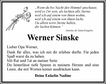 Traueranzeige von Werner Sinske von Thüringer Allgemeine, Thüringische Landeszeitung
