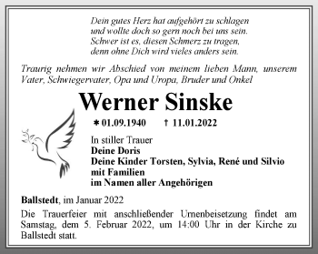 Traueranzeige von Werner Sinske von Thüringer Allgemeine, Thüringische Landeszeitung