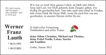 Traueranzeige von Werner Franz Lauth von Thüringer Allgemeine, Thüringische Landeszeitung