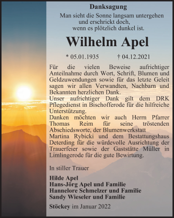 Traueranzeige von Wilhelm Apel von Thüringer Allgemeine