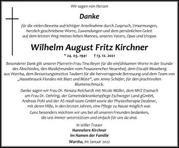 Traueranzeige von Wilhelm August Fritz Kirchner von Thüringer Allgemeine, Thüringische Landeszeitung