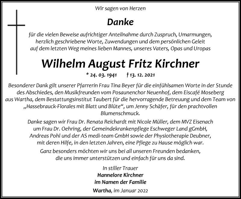  Traueranzeige für Wilhelm August Fritz Kirchner vom 15.01.2022 aus Thüringer Allgemeine, Thüringische Landeszeitung