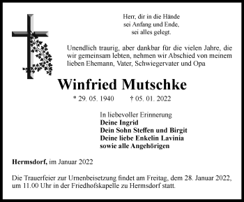 Traueranzeige von Winfried Mutschke von Ostthüringer Zeitung