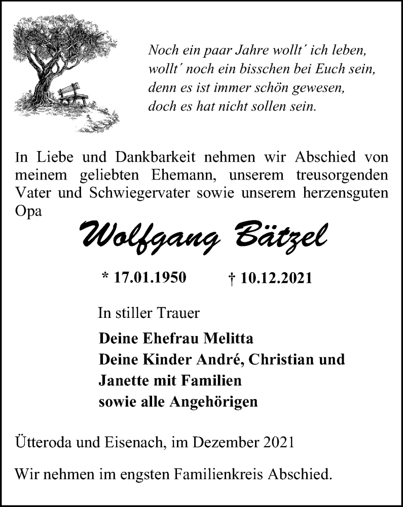  Traueranzeige für Wolfgang Bätzel vom 04.01.2022 aus Thüringer Allgemeine, Thüringische Landeszeitung