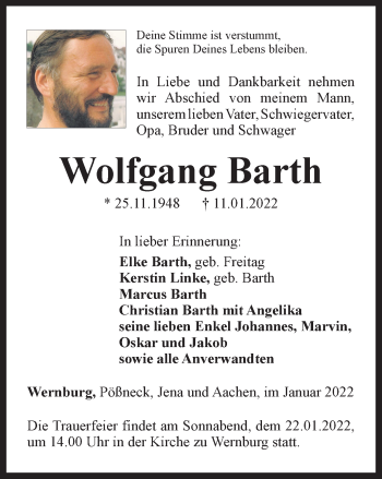 Traueranzeige von Wolfgang Barth von Ostthüringer Zeitung
