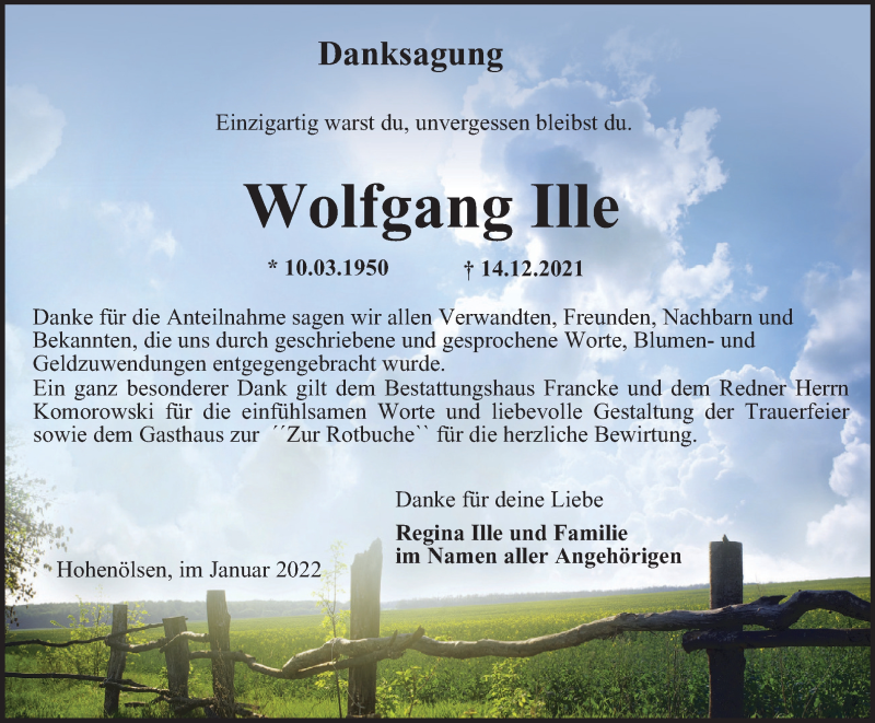  Traueranzeige für Wolfgang Ille vom 15.01.2022 aus Ostthüringer Zeitung