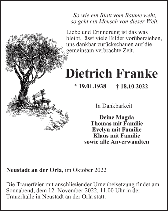 Traueranzeige von Dietrich Franke von Ostthüringer Zeitung