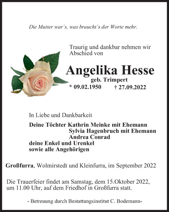 Traueranzeige von Angelika Hesse