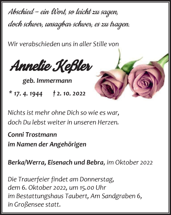 Traueranzeige von Annelie Keßler von Thüringer Allgemeine, Thüringische Landeszeitung