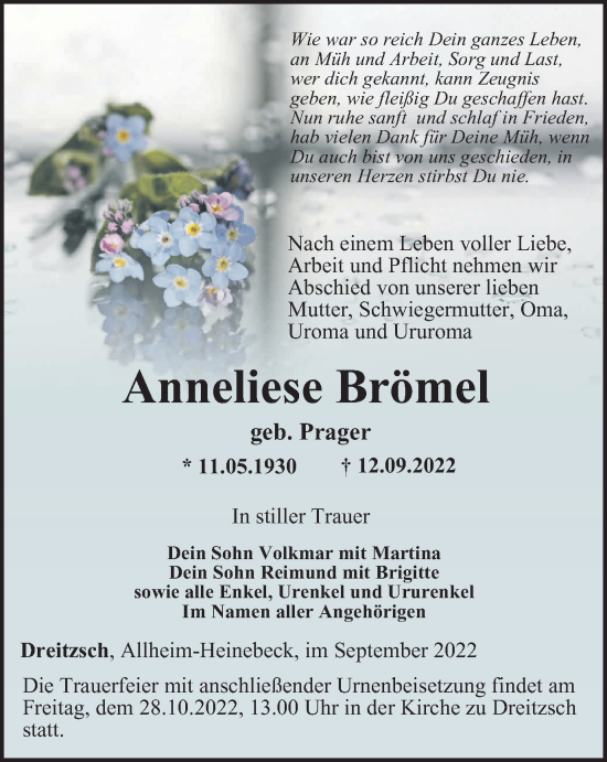 Traueranzeige von Anneliese Brömel