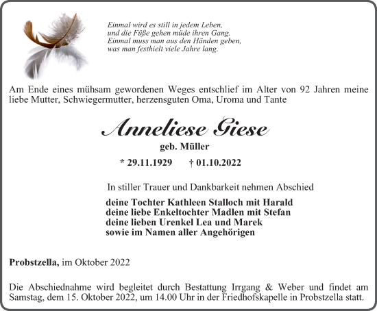 Traueranzeige von Anneliese Giese von Ostthüringer Zeitung