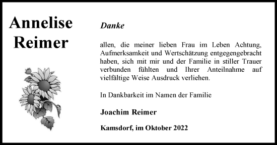 Traueranzeige von Annelise Reimer von Ostthüringer Zeitung