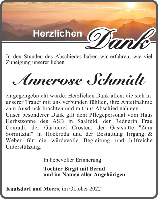 Traueranzeige von Annerose Schmidt von Ostthüringer Zeitung