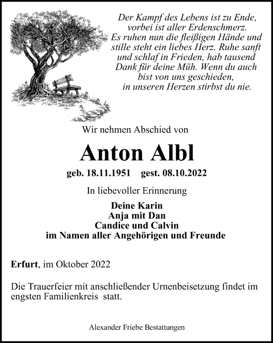 Traueranzeige von Anton Albl