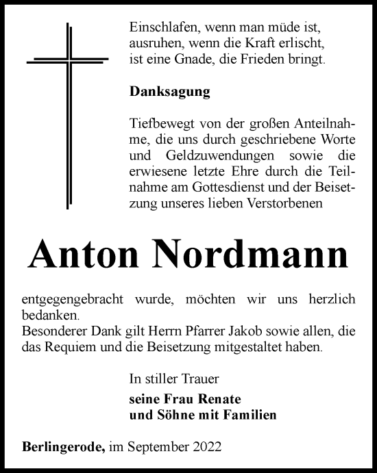 Traueranzeige von Anton Nordmann von Thüringer Allgemeine
