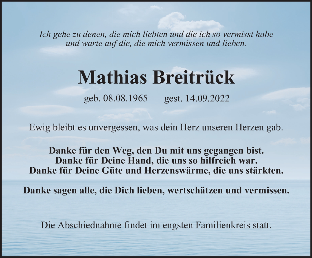  Traueranzeige für Mathias Breitrück vom 24.09.2022 aus Ostthüringer Zeitung