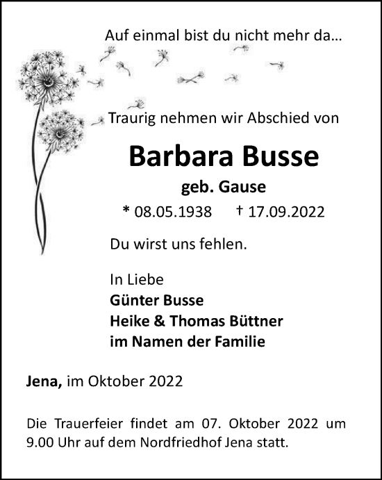 Traueranzeige von Barbara Busse von Ostthüringer Zeitung, Thüringische Landeszeitung