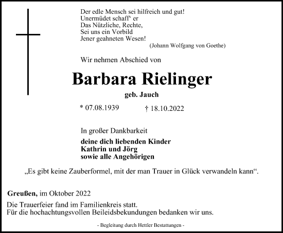 Traueranzeige von Barbara Rielinger von Thüringer Allgemeine