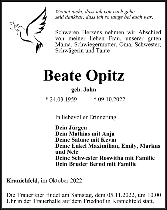 Traueranzeige von Beate Opitz von Thüringer Allgemeine, Thüringische Landeszeitung