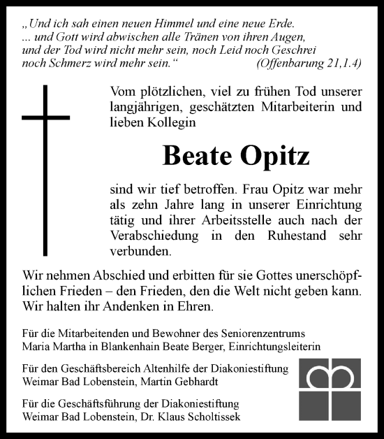 Traueranzeige von Beate Opitz von Thüringer Allgemeine, Thüringische Landeszeitung