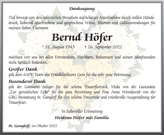 Traueranzeige von Bernd Höfer von Ostthüringer Zeitung