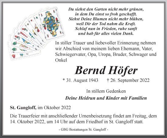 Traueranzeige von Bernd Höfer von Ostthüringer Zeitung