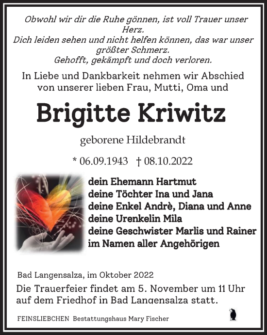 Traueranzeige von Brigitte Kriwitz von Thüringer Allgemeine, Thüringische Landeszeitung