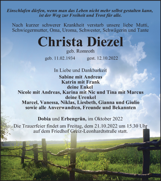 Traueranzeige von Christa Diezel von Ostthüringer Zeitung