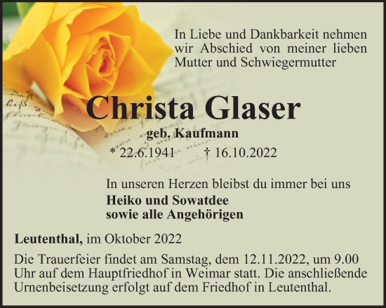 Traueranzeige von Christa Glaser von Thüringer Allgemeine, Thüringische Landeszeitung