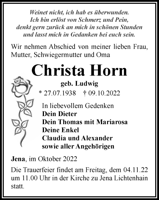 Traueranzeige von Christa Horn von Ostthüringer Zeitung, Thüringische Landeszeitung