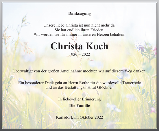 Traueranzeige von Christa Koch von Ostthüringer Zeitung