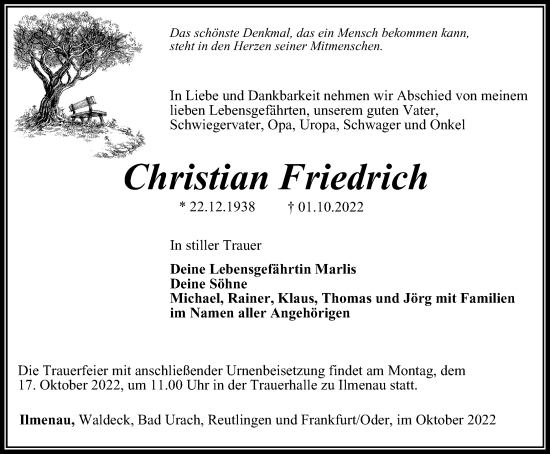 Traueranzeige von Christian Friedrich von Thüringer Allgemeine