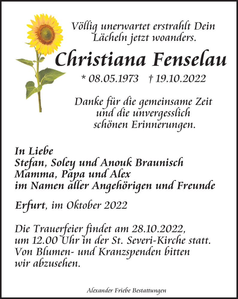  Traueranzeige für Christiana Fenselau vom 25.10.2022 aus Thüringer Allgemeine, Thüringische Landeszeitung