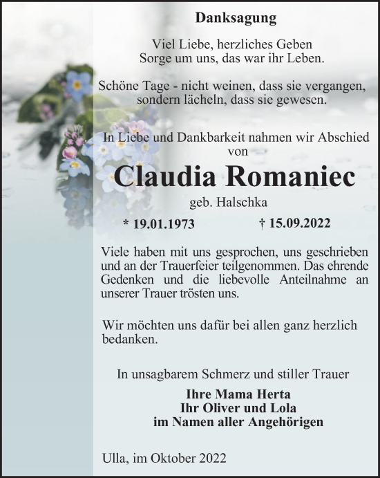 Traueranzeige von Claudia Romaniec von Thüringer Allgemeine, Thüringische Landeszeitung