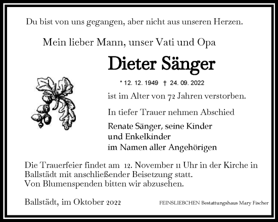 Traueranzeige von Dieter Sänger von Thüringer Allgemeine, Thüringische Landeszeitung