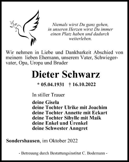 Traueranzeige von Dieter Schwarz