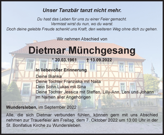Traueranzeige von Dietmar Münchgesang von Thüringer Allgemeine, Thüringische Landeszeitung
