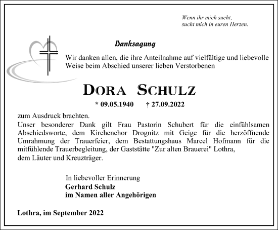 Traueranzeige von Dora Schulz