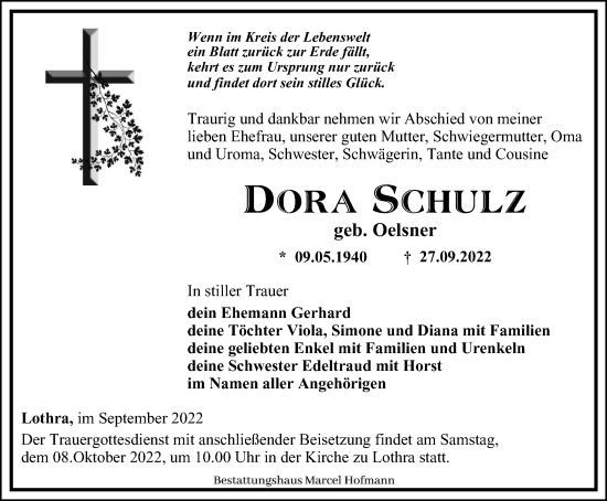 Traueranzeige von Dora Schulz