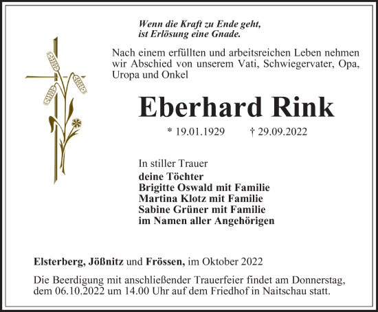 Traueranzeige von Eberhard Rink von Ostthüringer Zeitung