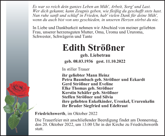 Traueranzeige von Edith Strößner von Thüringer Allgemeine, Thüringische Landeszeitung