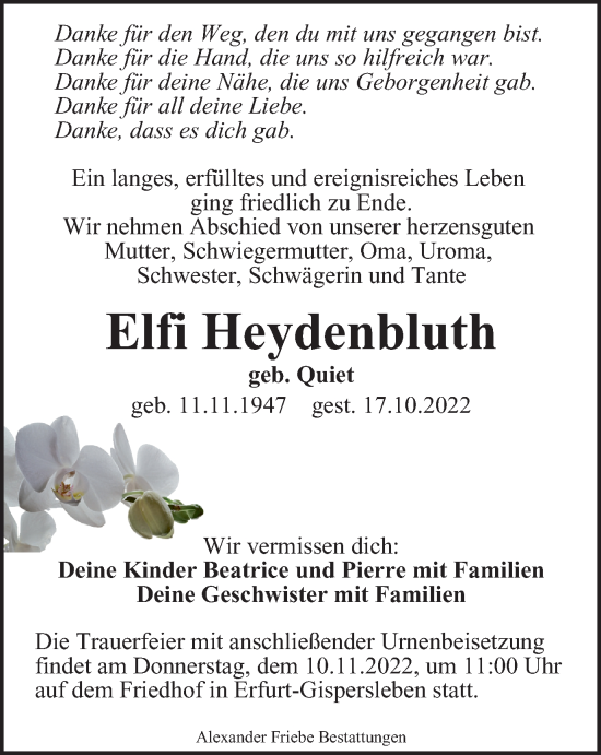Traueranzeige von Elfi Heydenbluth von Thüringer Allgemeine, Thüringische Landeszeitung