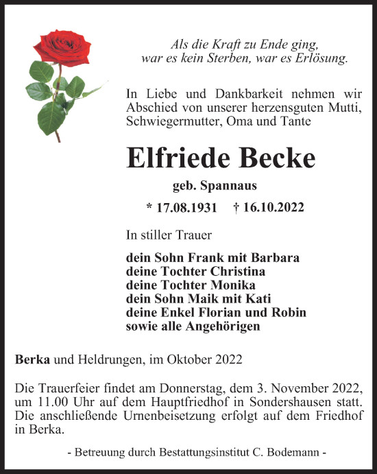 Traueranzeige von Elfriede Becke