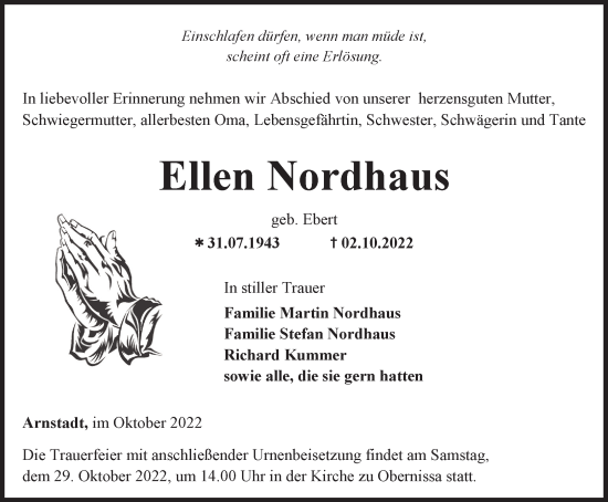 Traueranzeige von Ellen Nordhaus von Thüringer Allgemeine, Thüringische Landeszeitung