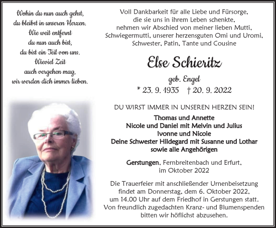 Traueranzeige von Else Schieritz von Thüringer Allgemeine, Thüringische Landeszeitung