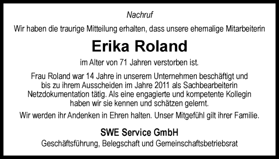 Traueranzeige von Erika Roland von Thüringer Allgemeine, Thüringische Landeszeitung