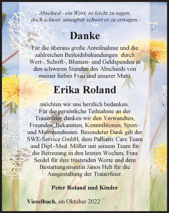 Traueranzeige von Erika Roland von Thüringer Allgemeine, Thüringische Landeszeitung