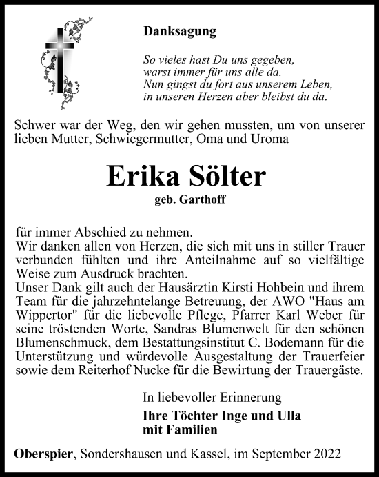 Traueranzeige von Erika Sölter